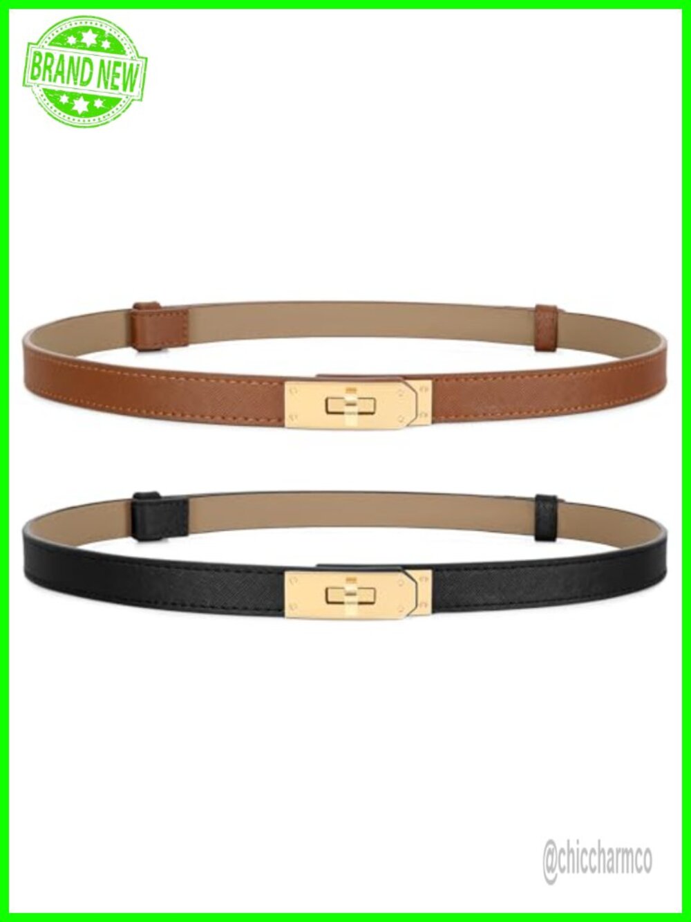 2 Pack Women's Skinny Leather Belt with Alloy Turn Lock Adjustable 0.67" Wide